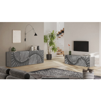   SNAKE háromajtós komód, betonhatású testet és szürke, díszített mintázatú előlapokkal