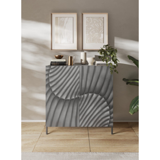 SNAKE kétajtós komód, betonhatású testtel és szürke, díszített mintázatú előlapokkal