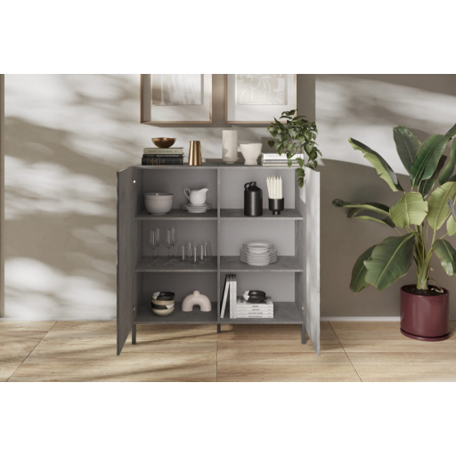 SNAKE kétajtós komód, betonhatású testtel és szürke, díszített mintázatú előlapokkal