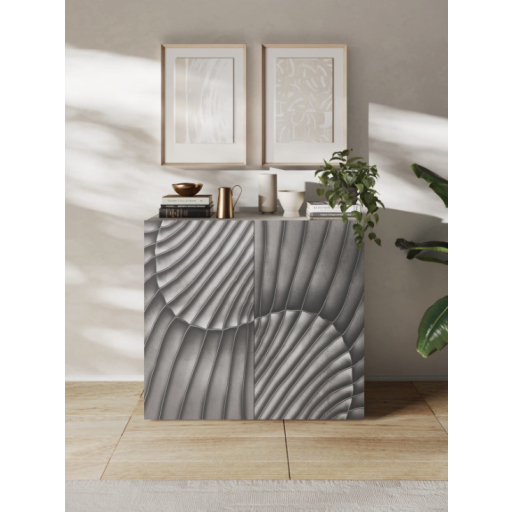 SNAKE kétajtós komód, betonhatású testtel és szürke, díszített mintázatú előlapokkal