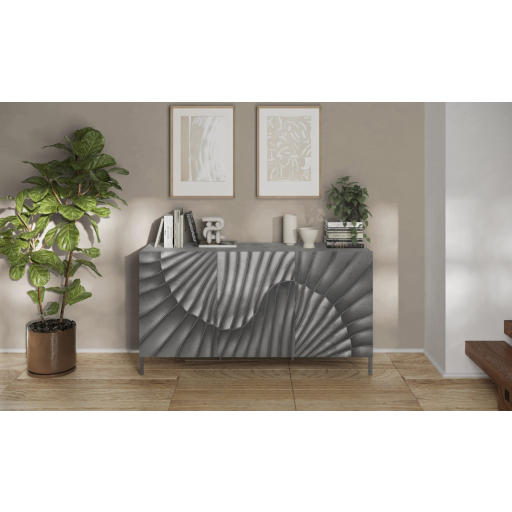 SNAKE háromajtós komód, betonhatású laminált testtel és szürke, díszített mintázatú előlapokkal