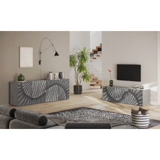   SNAKE négyajtós komód, betonhatású laminált testtel és szürke, díszített mintázatú előlapokkal