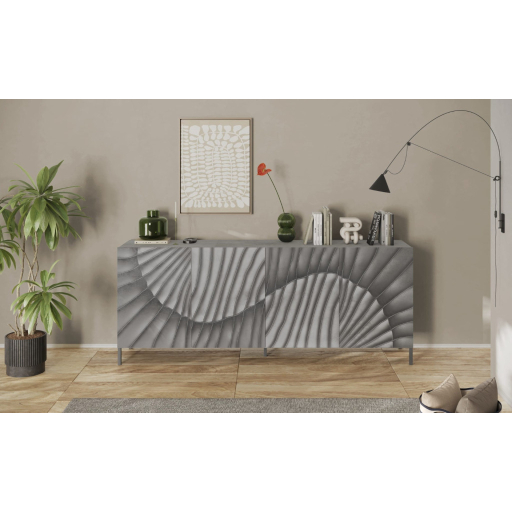 SNAKE négyajtós komód, betonhatású laminált testtel és szürke, díszített mintázatú előlapokkal