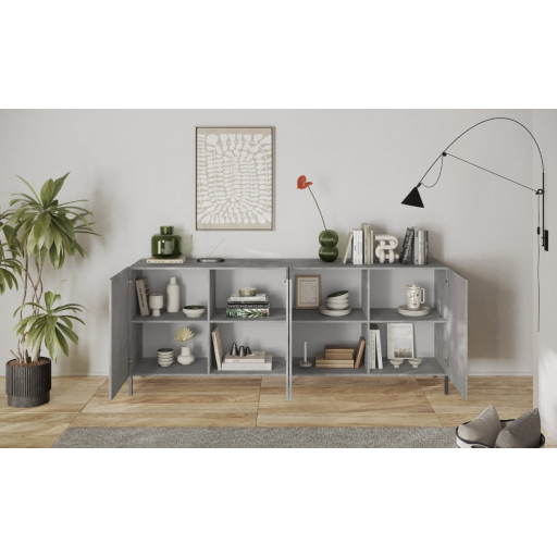 SNAKE négyajtós komód, betonhatású laminált testtel és szürke, díszített mintázatú előlapokkal