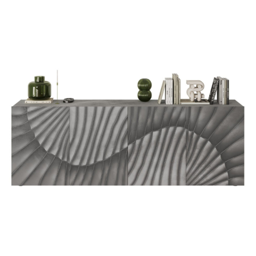 SNAKE négyajtós komód, betonhatású laminált testtel és szürke, díszített mintázatú előlapokkal