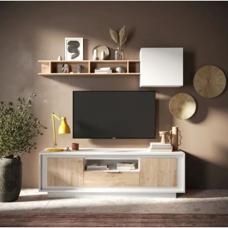   SKY 2.0 TV-szekrény 2 ajtóval és 1 fiókkal, fehér matt lakkozott vázzal, Cadiz tölgy mintázatú laminált előlapokkal