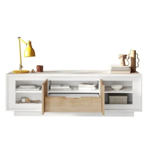 SKY 2.0 TV-szekrény 2 ajtóval és 1 fiókkal, fehér matt lakkozott vázzal, Cadiz tölgy mintázatú laminált előlapokkal