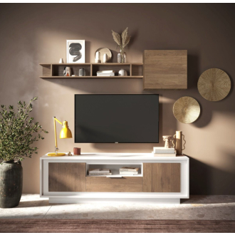   SKY 2.0 TV-szekrény 2 ajtóval és 1 fiókkal, fehér matt lakkozott vázzal,  Mercuri tölgy mintázatú laminált előlapokkal