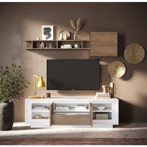 SKY 2.0 TV-szekrény 2 ajtóval és 1 fiókkal, fehér matt lakkozott vázzal,  Mercuri tölgy mintázatú laminált előlapokkal