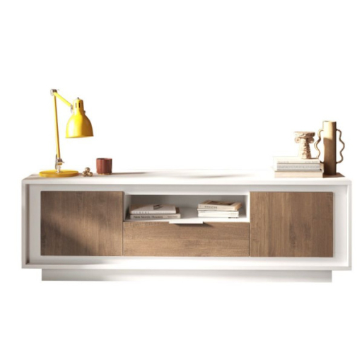 SKY 2.0 TV-szekrény 2 ajtóval és 1 fiókkal, fehér matt lakkozott vázzal,  Mercuri tölgy mintázatú laminált előlapokkal