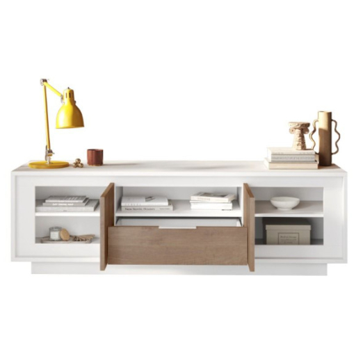 SKY 2.0 TV-szekrény 2 ajtóval és 1 fiókkal, fehér matt lakkozott vázzal,  Mercuri tölgy mintázatú laminált előlapokkal