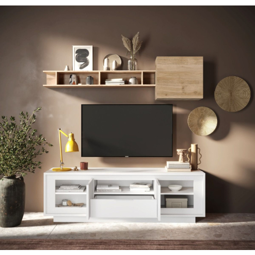 SKY 2.0 TV-szekrény 2 ajtóval és 1 fiókkal, fehér matt lakkozott vázzal és előlapokkal