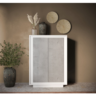   SKY 2.0 magas komód, 2 ajtóval, fehér matt lakkozott vázzal és betonhatású laminált előlapokkal