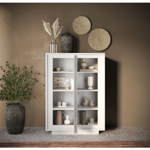 SKY 2.0 magas komód, 2 ajtóval, fehér matt lakkozott vázzal és betonhatású laminált előlapokkal