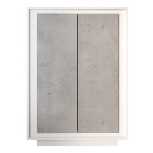 SKY 2.0 magas komód, 2 ajtóval, fehér matt lakkozott vázzal és betonhatású laminált előlapokkal