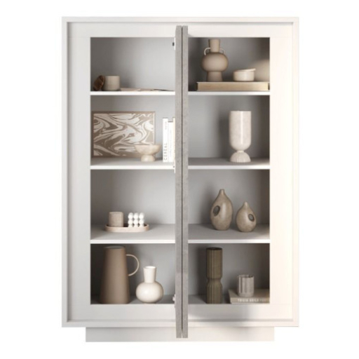 SKY 2.0 magas komód, 2 ajtóval, fehér matt lakkozott vázzal és betonhatású laminált előlapokkal