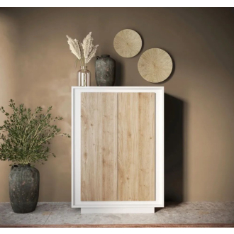   SKY 2.0 magas komód, 2 ajtóval, fehér matt lakkozott vázzal és Cadiz tölgy mintázatú laminált előlapokkal