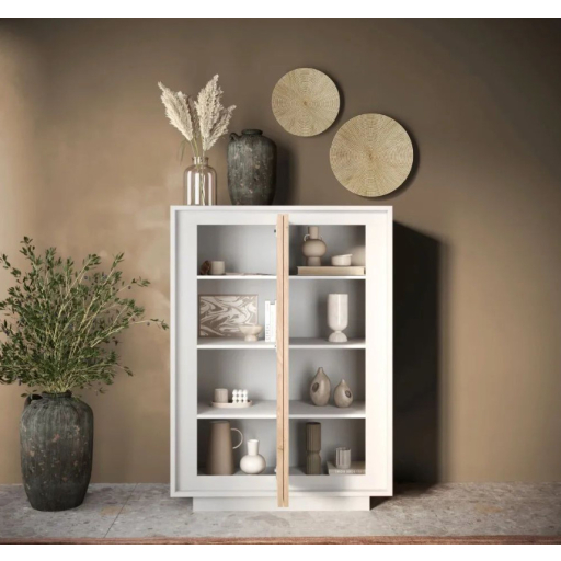 SKY 2.0 magas komód, 2 ajtóval, fehér matt lakkozott vázzal és Cadiz tölgy mintázatú laminált előlapokkal