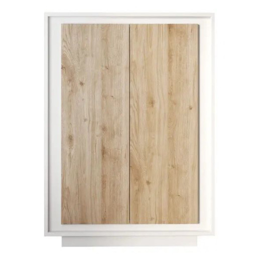 SKY 2.0 magas komód, 2 ajtóval, fehér matt lakkozott vázzal és Cadiz tölgy mintázatú laminált előlapokkal
