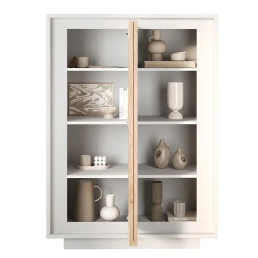 SKY 2.0 magas komód, 2 ajtóval, fehér matt lakkozott vázzal és Cadiz tölgy mintázatú laminált előlapokkal