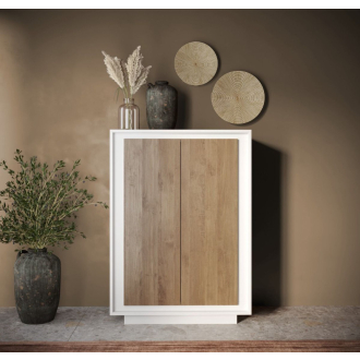  SKY 2.0 magas komód, 2 ajtóval, fehér matt lakkozott vázzal és Mercuri tölgy mintázatú laminált előlapokkal