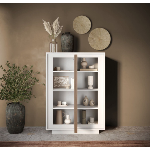 SKY 2.0 magas komód, 2 ajtóval, fehér matt lakkozott vázzal és Mercuri tölgy mintázatú laminált előlapokkal