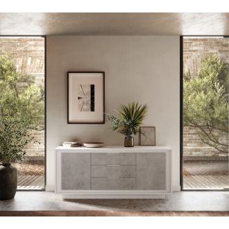   SKY 2.0 komód 2 ajtóval és 3 fiókkal, fehér matt lakkozott vázzal és betonhatású laminált előlapokkal