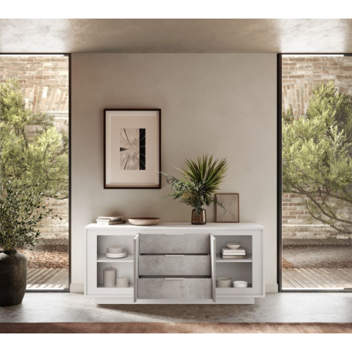 SKY 2.0 komód 2 ajtóval és 3 fiókkal, fehér matt lakkozott vázzal és betonhatású laminált előlapokkal