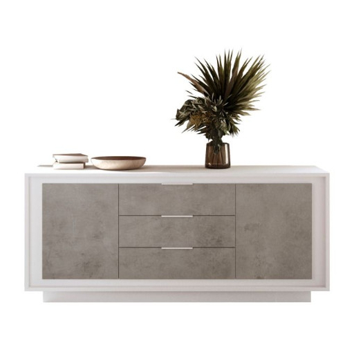 SKY 2.0 komód 2 ajtóval és 3 fiókkal, fehér matt lakkozott vázzal és betonhatású laminált előlapokkal