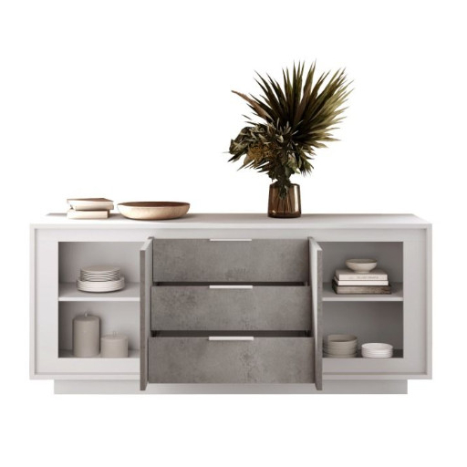 SKY 2.0 komód 2 ajtóval és 3 fiókkal, fehér matt lakkozott vázzal és betonhatású laminált előlapokkal