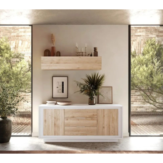   SKY 2.0 komód 2 ajtóval és 3 fiókkal, fehér matt lakkozott vázzal és Cadiz tölgy mintázatú laminált előlapokkal