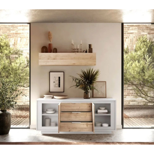 SKY 2.0 komód 2 ajtóval és 3 fiókkal, fehér matt lakkozott vázzal és Cadiz tölgy mintázatú laminált előlapokkal