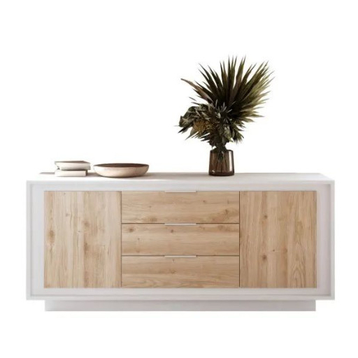 SKY 2.0 komód 2 ajtóval és 3 fiókkal, fehér matt lakkozott vázzal és Cadiz tölgy mintázatú laminált előlapokkal