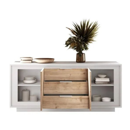 SKY 2.0 komód 2 ajtóval és 3 fiókkal, fehér matt lakkozott vázzal és Cadiz tölgy mintázatú laminált előlapokkal