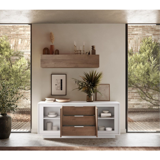 SKY 2.0 komód 2 ajtóval és 3 fiókkal, fehér matt lakkozott vázzal és Mercuri tölgy mintázatú laminált előlapokkal