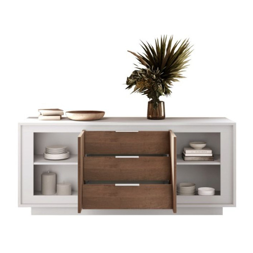 SKY 2.0 komód 2 ajtóval és 3 fiókkal, fehér matt lakkozott vázzal és Mercuri tölgy mintázatú laminált előlapokkal