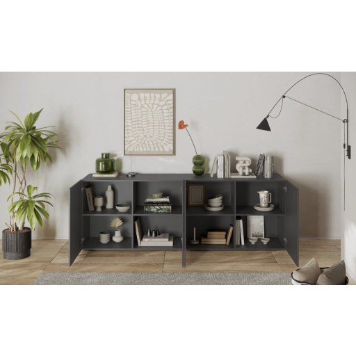 SNAKE négyajtós komód, antracitszürke laminált testtel és antracitszürke, díszített mintázatú előlapokkal