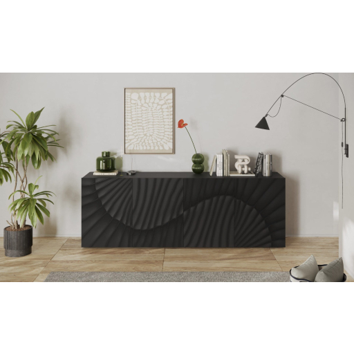 SNAKE négyajtós komód, antracitszürke laminált testtel és antracitszürke, díszített mintázatú előlapokkal