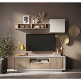   SKY 2.0 TV-szekrény 2 ajtóval és 1 fiókkal, kasmír színű laminált vázzal, Cadiz tölgy mintázatú előlapokkal