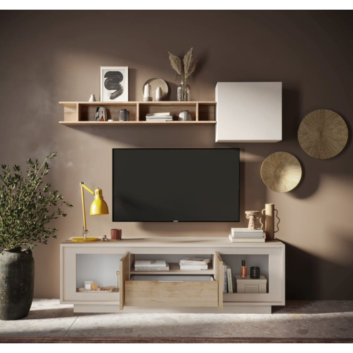 SKY 2.0 TV-szekrény 2 ajtóval és 1 fiókkal, kasmír színű laminált vázzal, Cadiz tölgy mintázatú előlapokkal