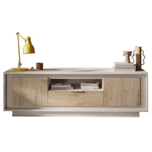 SKY 2.0 TV-szekrény 2 ajtóval és 1 fiókkal, kasmír színű laminált vázzal, Cadiz tölgy mintázatú előlapokkal