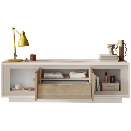 SKY 2.0 TV-szekrény 2 ajtóval és 1 fiókkal, kasmír színű laminált vázzal, Cadiz tölgy mintázatú előlapokkal