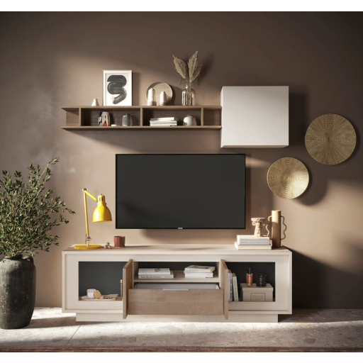 SKY 2.0 TV-szekrény 2 ajtóval és 1 fiókkal, kasmír színű laminált vázzal és Mercure tölgy mintázatú laminált előlapokkal