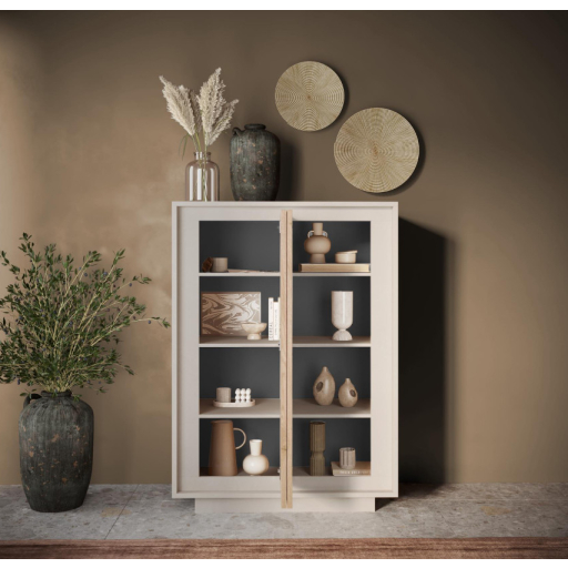 SKY 2.0 magas komód, 2 ajtóval, kasmír vázzal és Cadiz tölgy mintázatú laminált előlapokkal