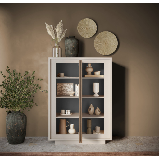 SKY 2.0 magas komód, 2 ajtóval, kasmír vázzal és Mercuri tölgy mintázatú laminált előlapokkal