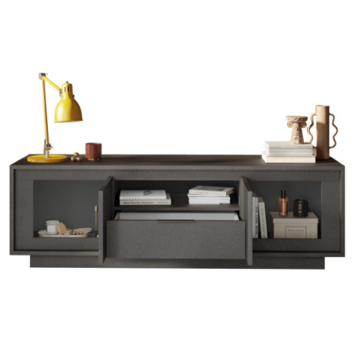 SKY 2.0 TV-szekrény 2 ajtóval és 1 fiókkal, fehér matt lakkozott vázzal, sötét láva laminált előlapokkal