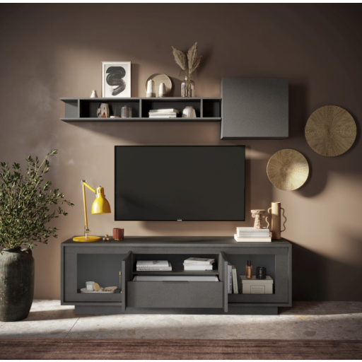 SKY 2.0 TV-szekrény 2 ajtóval és 1 fiókkal, fehér matt lakkozott vázzal, sötét láva laminált előlapokkal