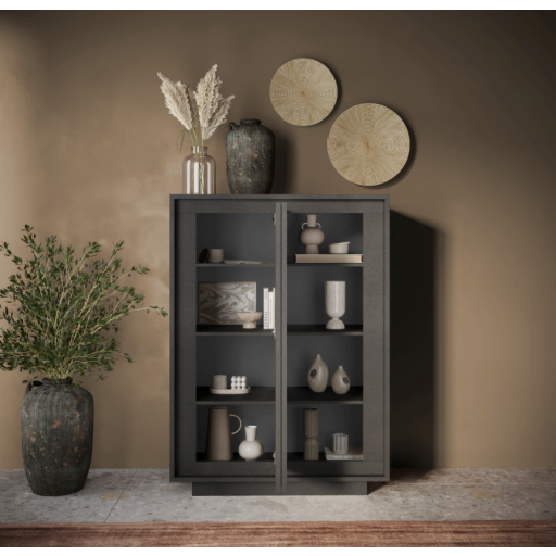 SKY 2.0 magas komód, 2 ajtóval, sötét láva vázzal és laminált előlapokkal