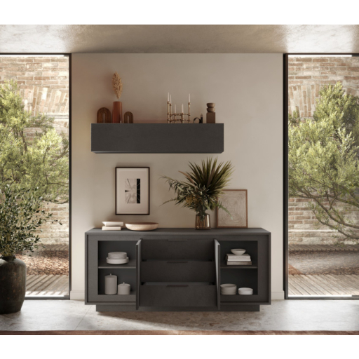 SKY 2.0 komód 2 ajtóval és 3 fiókkal, sötét láva matt  vázzal és laminált előlapokkal