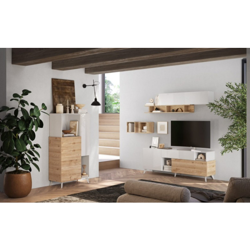 Monaco magas fiókos szekrény, fehér fényes / Cadiz tölgy 81 cm